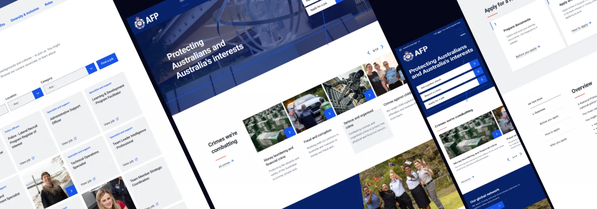 Screenshots of a modern website with a blue color scheme and various sections displayed.