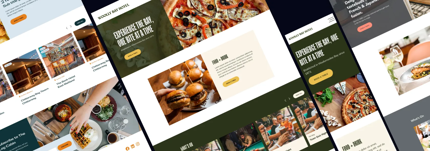 Food promotion graphics featuring various dishes like burgers and pizza.