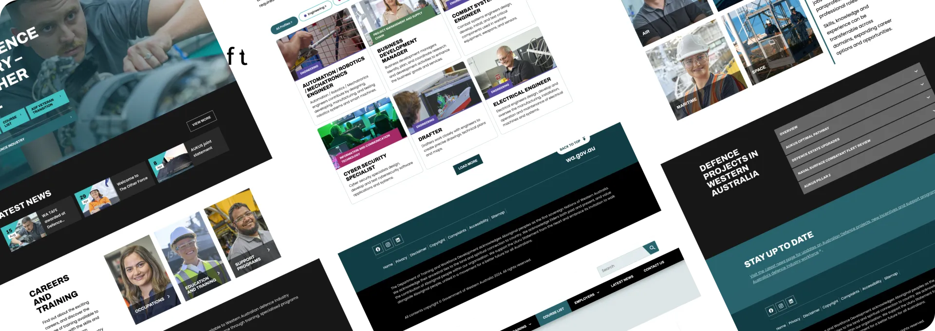 Three overlapping screenshots of a website featuring news articles and videos.
