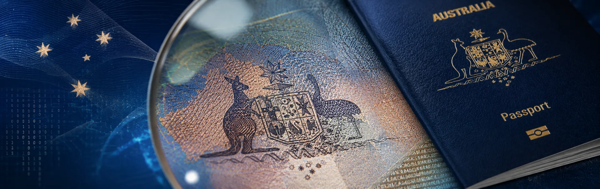 A blue passport is partially open, showing an intricate interior design under a magnifying glass.