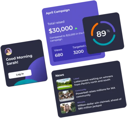 Dashboard displaying campaign stats, fundraising total, and news updates in a modern design.