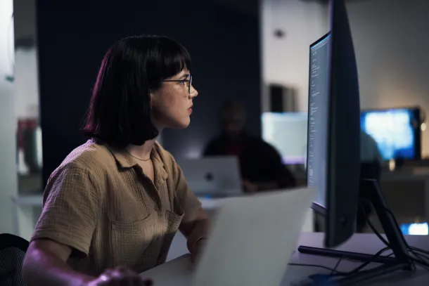 Femake software developer at desk