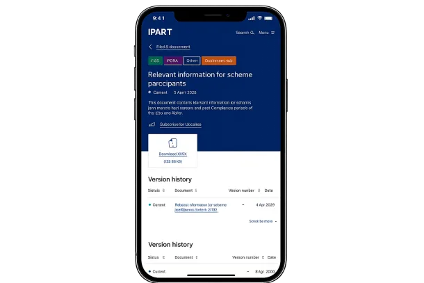 iPhone displaying IPART scheme information
