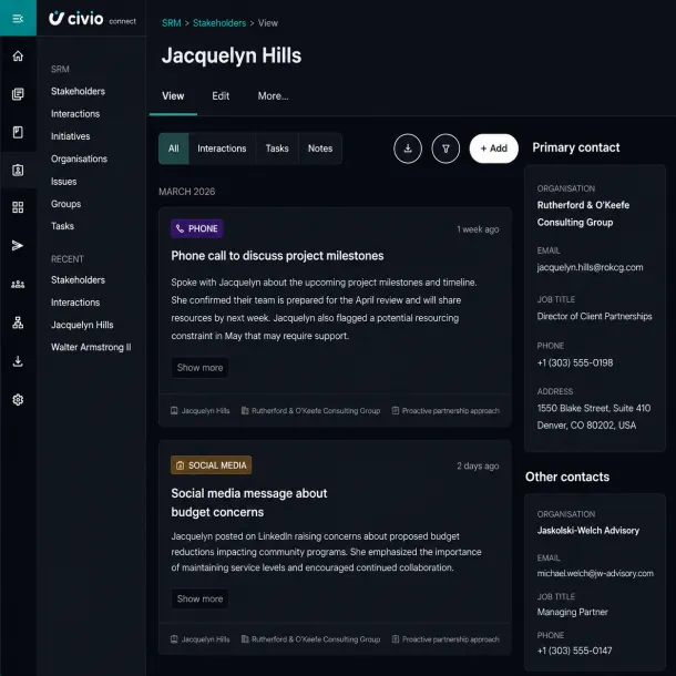 Dashboard interface with a dark theme, featuring messages and contact information.