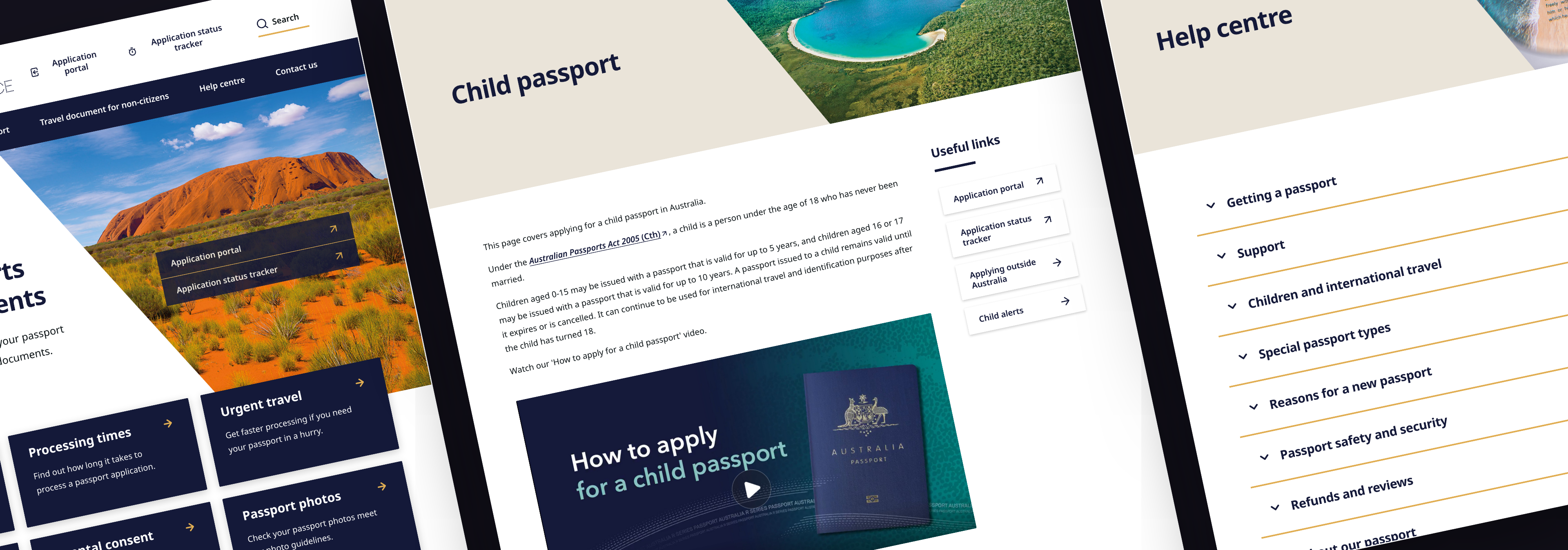 Screens from the redesigned passports.gov.au — homepage, child passport and help centre